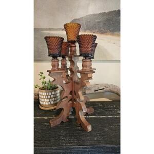 Handcrafted 1976 Walnut Candelabra with Amber Hobnail Candle Votives